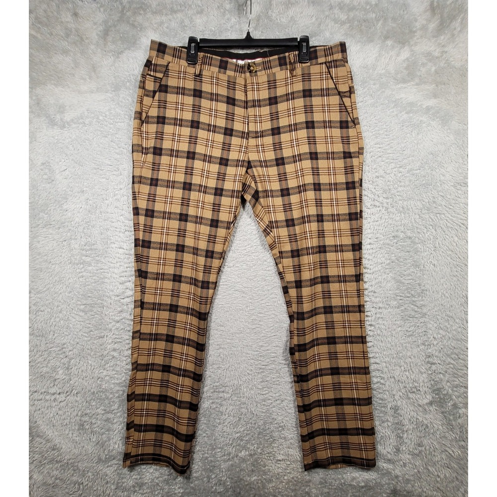 Suslo Couture Plaid Chino Pants Mens 38x32 Tan Brown Tartan Stretch Trousers
